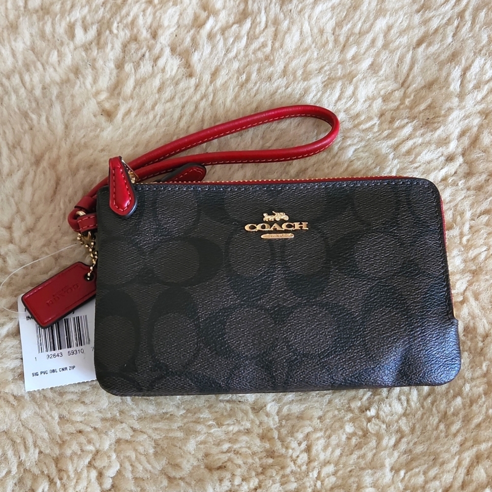 NWT Coach Double Corner Zip Brown/Ruby Signature Wristlet Bag 💋